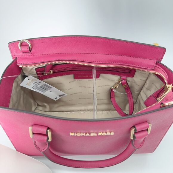 Michael Kors Medium Selma Leather Cranberry Pink Handle Crossbody Strap Satchel - Picture 6 of 8